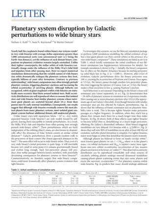 LETTER                                                                                                                                                                                   doi:10.1038/nature11780




Planetary system disruption by Galactic
perturbations to wide binary stars
Nathan A. Kaib1,2{, Sean N. Raymond3,4 & Martin Duncan1


Nearly half the exoplanets found within binary star systems reside1                                                  To investigate this scenario, we use the Mercury simulation package
in very wide binaries with average stellar separations greater than                                              to perform 2,600 simulations modelling the orbital evolution of our
1,000 astronomical units (one astronomical unit (AU) being the                                                   Sun’s four giant planets (on their current orbits) in the presence of a
Earth–Sun distance), yet the influence of such distant binary com-                                               very wide binary companion10. These simulations are listed as set A in
panions on planetary evolution remains largely unstudied. Unlike                                                 Table 1, which briefly summarizes the initial conditions of our dif-
their tighter counterparts, the stellar orbits of wide binaries con-                                             ferent simulations (see Supplementary Information for details). An
tinually change under the influence of the Milky Way’s tidal field                                               example simulation is shown in Fig. 1. Initially, the binary companion
and impulses from other passing stars. Here we report numerical                                                  has no effect on the planets’ dynamics because its starting pericentre
simulations demonstrating that the variable nature of wide binary                                                (q; solid black line in Fig. 1) is ,3,000 AU. However, after 1 Gyr of
star orbits dramatically reshapes the planetary systems they host,                                               evolution, Galactic perturbations drive the binary pericentre near
typically billions of years after formation. Contrary to previous                                                100 AU, exciting the eccentricities of Neptune and Uranus. Once again,
understanding2, wide binary companions may often strongly perturb                                                at 3.5 Gyr, the binary passes through another low-pericentre phase,
planetary systems, triggering planetary ejections and increasing the                                             this time triggering the ejection of Uranus. Last, at 7.2 Gyr, the binary
orbital eccentricities of surviving planets. Although hitherto not                                               makes a final excursion to low q, causing Neptune’s ejection.
recognized, orbits of giant exoplanets within wide binaries are statis-                                              Such behaviour is not unusual. Depending on the binary’s mass and
tically more eccentric than those around isolated stars. Both eccent-                                            semimajor axis (mean separation, or a*), Fig. 2a demonstrates that
ricity distributions are well reproduced when we assume that isolated                                            ,30–60% of planetary systems in simulation set A experience instabi-
stars and wide binaries host similar planetary systems whose outer-                                              lities causing one or more planetary ejections after 10 Gyr (the approx-
most giant planets are scattered beyond about 10 AU from their                                                   imate age of our Galaxy’s thin disk). Even though binaries with smaller
parent stars by early internal instabilities. Consequently, our results                                          semimajor axes are less affected by Galactic perturbations, Fig. 2a
suggest that although wide binaries eventually remove the most dis-                                              shows that the influence of binary semimajor axis on planetary insta-
tant planets from many planetary systems, most isolated giant exo-                                               bility rates is weak. This is because tighter binaries make pericentre
planet systems harbour additional distant, still undetected planets.                                             passages at a higher frequency. In addition, when they reach low-q
   Unlike binary stars with separations below ,103 AU, very widely                                               phases they remain stuck there for a much longer time than wider
separated binaries (‘wide binaries’) are only weakly bound by self-                                              binaries. As Fig. 2b shows, both of these effects cause tighter binaries
gravity, leaving them susceptible to outside perturbations. As a result,                                         to become lethal (that is, destabilizing) at a much larger pericentre,
the Milky Way’s tide and impulses from other passing stars strongly                                              offsetting the Galaxy’s diminished influence. Most binary-triggered
perturb wide-binary orbits3,4. These perturbations, which are fairly                                             instabilities are very delayed. For binaries with aÃ >2,000 AU, Fig. 2c
independent of the orbiting object’s mass, are also known to dramati-                                            shows that well over 90% of instabilities occur after at least 100 Myr of
cally affect the dynamics of Solar System comets at similar orbital                                              evolution, well after planet formation is complete. For tighter binaries,
distances5,6. Galactic perturbations drive a pseudo-random walk in                                               many more begin in orbits that destabilize the planets nearly instantly.
the pericentres of these comets (the closest approach distances to the                                               Although planets are believed to form on nearly circular orbits11,
Sun)5,7. The same effect will occur in wide-binary orbits. Thus, even if a                                       most known giant planets (m sin i . 1 MJup, where m is the planet’s
very wide binary’s initial pericentre is quite large, it will inevitably                                         mass, i its orbital inclination and MJup is Jupiter’s mass) have signi-
become very small at some point if it remains gravitationally bound                                              ficant non-zero orbital eccentricities (eccentricities of less massive
and evolves long enough. Such low-pericentre phases will pro-                                                    planets are known to be lower, or ‘colder’)12. This observed eccentricity
duce close stellar passages between binary members, with potentially                                             distribution can be reproduced remarkably well when systems of
devastating consequences for planetary systems in these binaries8,9.                                             circularly orbiting planets undergo internal dynamical instabilities
Counterintuitively, we therefore suspect that wide binary compa-                                                 causing planet–planet scattering events that eject some planets and
nions could more dramatically affect planetary system evolution than                                             excite the survivors’ eccentricities13–16. For planetary systems within
tight binaries.                                                                                                  wide binaries, Fig. 2a predicts that many should undergo additional

Table 1 | Initial conditions of simulation sets
    Name of simulation set        Number of planets           Planet masses (MJup)          Planet a-range (AU)           Binary mass (M[)                   Binary a* (AU)             External perturbations included

              A                             4                          SS                           SS                         0.1–1.0                     1,000–30,000                           Tide 1 stars
             B1                             3                      0.5 to ,15                    2 to ,15                       None                           None                                  None
             B2                             3                      0.5 to ,15                    2 to ,15                        0.4                       1,000–30,000                           Tide 1 stars
             B3                             3                      0.5 to ,15                    2 to ,15                        0.4                       1,000–30,000                              None
SS refers to planetary systems resembling the Solar System’s four giant planets. Tide 1 stars refers to perturbations from the Galactic tide and passing field stars. MJup, mass of Jupiter; a, semimajor axis; M[, solar mass.

1
  Department of Physics, Queen’s University, Kingston, Ontario K7L 3N6, Canada. 2Canadian Institute for Theoretical Astrophysics, University of Toronto, Toronto, Ontario M5S 3H8, Canada. 3Universite de
                                                                                                                                                                                                     ´
Bordeaux, Observatoire Aquitain des Sciences de l’Univers, 2 rue de l’Observatoire, BP 89, F-33271 Floirac Cedex, France. 4CNRS, UMR 5804, Laboratoire d’Astrophysique de Bordeaux, 2 rue de
l’Observatoire, BP 89, F-33271 Floirac Cedex, France. {Present address: Center for Interdisciplinary Exploration and Research in Astrophysics and Department of Physics and Astronomy, Northwestern
University, 2131 Tech Drive, Evanston, Illinois 60208, USA.


                                                                                                                                               1 7 J A N U A RY 2 0 1 3 | VO L 4 9 3 | N AT U R E | 3 8 1
                                                                  ©2013 Macmillan Publishers Limited. All rights reserved
 