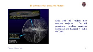 El sistema solar cerca de Plut´n.
                                                            o




                                                      M´s all´ de Plut´n hay
                                                        a      a          o
                                                      muchos objetos.      De ah´ı
                                                      provienen muchos cometas
                                                      (cintur´n de Kuipert y nube
                                                             o
                                                      de Oort).




Planetas: el Sistema Solar.                                                     46
 