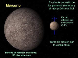 Mercurio
Es el más pequeño de
los planetas interiores y
el más próximo al Sol.
Eje de
rotación casi
no inclinado
(0.1º).
Tarda 88 días en dar
la vuelta al Sol
Periodo de rotación muy lento:
180 días terrestres.
 