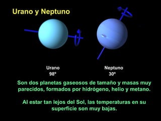 Son dos planetas gaseosos de tamaño y masas muy
parecidos, formados por hidrógeno, helio y metano.
Al estar tan lejos del Sol, las temperaturas en su
superficie son muy bajas.
Urano y Neptuno
 