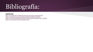 Bibliografía:
NEPTUNO
http://www.elmundo.es/elmundo/2009/06/15/ciencia/1245064953.htl
https://solarsystem.nasa.gov/planets/profile.cfm?Object=Neptune
http://www.ehowenespanol.com/tipos-formas-agua-hay-neptuno-info_192708/
http://www.astromia.com/solar/neptuno.htm
 