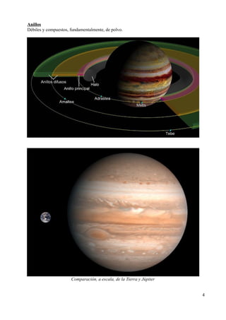 Anillos
Débiles y compuestos, fundamentalmente, de polvo.




                      Comparación, a escala, de la Tierra y Júpiter


                                                                      4
 