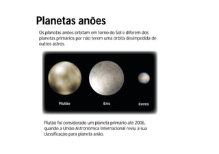 Planetas anões
Os planetas anões orbitam em torno do Sol e diferem dos
planetas primários por não terem uma órbita desimpedida de
outros astros.
Plutão foi considerado um planeta primário até 2006,
quando a União Astronómica Internacional reviu a sua
classificação para planeta anão.
 