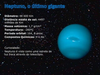 Diâmetro: 48 600 Km
Distância média do sol: 4497
milhões de Km
Massa volúmica: 1,7 g/cm³
Temperatura: -200ºC
Período orbital: 164, 8 anos
Compostos Químicos: H e He

Curiosidade:
Neptuno é visto como uma estrela de
luz fraca através do telescópio.

 