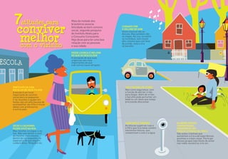 Preste atenção ao seu
redor. Passeie, frequente
centros culturais, parques
e praças. Você percebe
melhor o que está ao seu
redor, ﬁca mais generoso e
valoriza o que é de todos.
USE A BUZINA DO CARRO
Mas como item de segurança,
com a função de alertar, e
não para xingar. Além de se
irritar, você pode perturbar
um bebê, um idoso ou um
doente que esteja precisando
descansar.
ELABORE HORTAS
COMUNITÁRIAS,
PIQUENIQUES EM PRAÇAS
E FEIRAS DE TROCA
São ações coletivas que
aumentam a troca de
experiências positivas e o
bem-estar. Participe desses
grupos (são fáceis de achar
nas redes sociais) ou crie um.
D
Deixe o cachorro
fazer cocô na rua
Mas recolha-o e jogue-o no
lixo. Não vale deixar o cocô
ali mesmo, nem mesmo
dentro de um saquinho, na
esperança de que alguém
cuidará disso. Ninguém vai.
Use a buzina do carro
Mas como segurança, com
a função de alertar, e não
para xingar. Além de irritar,
o barulho pode perturbar um
bebê ou um idoso que esteja
precisando descansar.
Chão não é cinzeiro
As bitucas sujam as ruas e
o filtro que fica nelas contém
elementos tóxicos, que
contaminam o solo e a água.
Cuidado com
o volume do som
Gosto musical não se
discute. Mas também não
se impõe. Na rua, no metrô
ou no ônibus, som muito
alto, mesmo que com fone
de ouvido, vaza e vira
só barulho.
Elabore hortas
comunitárias,
piqueniques em
praças e feiras de trocA
São ações coletivas que
aumentam a troca de experiências
positivas e o bem-estar. Participe
desses grupos (são fáceis de achar
nas redes sociais) ou crie um.
Participe DA vida
escolar de seus filhos
A escola é um local
importante de convívio
social para os pequenos.
Ir às reuniões e ajudar em
festas são um jeito bacana de
acompanhar seu filho e trocar
ideias com professores
e outros pais.
Pedir licença é melhor
do que se desculpar
A sensação de que suas
urgências são mais
importantes do que
a de outros causa atropelo.
Mais da metade dos
brasileiros associa
felicidade ao bom convívio
social, segundo pesquisa
do Instituto Akatu para
o Consumo Consciente.
Veja dicas para ter uma boa
relação com as pessoas
e sua cidade.com o vizinho
atitudes para7
melhor
conviver
 