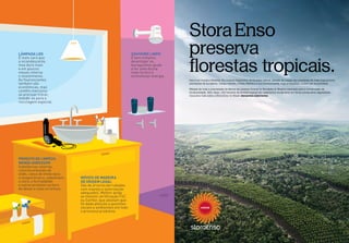 Móveis de madeira
de origem legal
São de árvores derrubadas
com manejo e autorização
adequados. Melhor ainda
se tiverem certificação FSC
ou Cerflor, que atestam que
foi dada atenção a questões
sociais e ambientais em todo
o processo produtivo.
Chuveiro limpo
É bem simples:
desentupir os
buraquinhos ajuda
a ter uma ducha
mais forte e a
economizar energia.
STORA
Produto de limpeza
menos agressivo
Substâncias caseiras,
como bicarbonato de
sódio, casca de limão seca
e vinagre branco, substituem
o cloro, o formaldeído
e outros produtos na hora
de deixar a casa um brinco.
StoraEnso
preserva
ﬂorestas tropicais.
Isso é um mosaico ﬂorestal. Ele conecta fragmentos de ﬂorestas nativas, através da criação de corredores de mata tropical entre
plantações de eucaliptos. Dessa maneira, a Mata Atlântica e sua biodiversidade, hoje ameaçadas, podem ser recuperadas.
Metade de toda a propriedade da fábrica de celulose Veracel no Nordeste do Brasil é reservada para a conservação da
biodiversidade. Além disso, 400 hectares de ﬂoresta tropical são replantados anualmente em terras previamente degradadas.
Descubra mais sobre a Stora Enso no Brasil: storaenso.com/revive
C
M
Y
CM
MY
CY
CMY
K
Lâmpada LED
É mais cara que
a incandescente,
mas dura mais
e em poucos
meses retorna
o investimento.
As fluorescentes
também são
econômicas, mas
contêm mercúrio:
se precisar trocar,
mande-as para a
reciclagem especial.
 