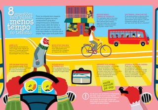 Organize sua agenda
Administre melhor seu tempo,
eleja prioridades e reveja
a rotina. Exemplos? Marque
reuniões externas fora do horário
de pico ou tente fazer o maior
número possível de tarefas
em uma saída apenas.
Ofereça ou pegue carona
Pode ser com amigos
ou colegas de trabalho.
O transporte individual ocupa
80% das vias, mas leva só um
terço dos passageiros. Sites
como o caronetas.com.br
ajudam na organização.
Bicicleta é uma boa
Verifique se há ciclovias,
local adequado para
estacioná-la e respeite
as regras de trânsito.
Ande a pé
Dependendo da distância,
você chega mais rápido ao
destino. E ainda aproveita
para conhecer detalhes
da paisagem de sua cidade.
Ser um bom pedestre
Isso também ajuda. Evite
atravessar a rua fora da faixa
em vias movimentadas
e respeite a sinalização.
Negocie novas
formas de trabalho
Por exemplo, fazê-lo de casa
ou entrar e sair em horários
alternativos pelo menos
algumas vezes por semana.
Evitando o trânsito pesado,
você pode render mais.
Estude rotas
alternativas
Com a ajuda de sites ou
um navegador, faça testes
até achar o trajeto ideal.
Use ônibus, trem e metrô
É um jeito prático e democrático
de ir e vir. Se até celebridades
aproveitam para espiar o celular
enquanto andam de metrô,
por que você não faria o mesmo?
Ficar no trânsito tem impacto
econômico (gasta-se mais
combustível e prejudica
compromissos) e ambiental
(polui mais), além de testar a
paciência de cada um de nós.
Viver sem passar o que parece
uma eternidade no trânsito não é
utopia. Veja o que você pode fazer.
para passar
no trânsito
sugestões8
tempo
menos
Se dá para ser produtivo trabalhando
de casa, sugira isso a sua equipe.
Uma dica para se organizar é pensar
em prazos de entrega: desde que
eles sejam cumpridos, cada um pode
cuidar do próprio tempo.
 