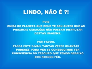LINDO, NÃO É ?! POIS CUIDA DO PLANETA QUE DEUS TE DEU ANTES QUE AS PRÓXIMAS GERAÇÕES NÃO POSSAM DISFRUTAR DESTAS IMAGENS. POR FAVOR, PASSA ESTE E-MAIL TANTAS VEZES QUANTAS PUDERES, PARA VER SE CONSEGUIMOS TER CONSCIÊNCIA DO TESOURO QUE TEMOS DEBAIXO DOS NOSSOS PÉS. 