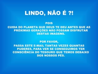 LINDO, NÃO É ?!
                    POIS
CUIDA DO PLANETA QUE DEUS TE DEU ANTES QUE AS
   PRÓXIMAS GERAÇÕES NÃO POSSAM DISFRUTAR
               DESTAS IMAGENS.

                POR FAVOR,
  PASSA ESTE E-MAIL TANTAS VEZES QUANTAS
    PUDERES, PARA VER SE CONSEGUIMOS TER
  CONSCIÊNCIA DO TESOURO QUE TEMOS DEBAIXO
               DOS NOSSOS PÉS.
 