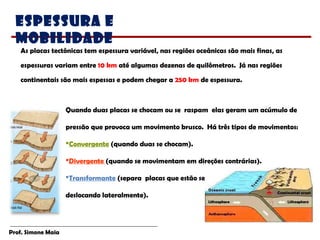 Prof. Simone Maia
Espessura e
Mobilidade
Quando duas placas se chocam ou se raspam elas geram um acúmulo de
pressão que provoca um movimento brusco. Há três tipos de movimentos:
Convergente (quando duas se chocam).
Divergente (quando se movimentam em direções contrárias).
Transformante (separa placas que estão se
deslocando lateralmente).
As placas tectônicas tem espessura variável, nas regiões oceânicas são mais finas, as
espessuras variam entre 10 km até algumas dezenas de quilômetros. Já nas regiões
continentais são mais espessas e podem chegar a 250 km de espessura.
 