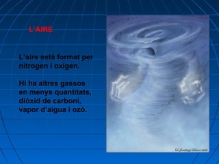 L’AIRE

L’aire està format per
nitrogen i oxigen.
Hi ha altres gassos
en menys quantitats,
diòxid de carboni,
vapor d’aigua i ozò.

 
