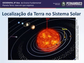 Localização da Terra no Sistema Solar
GEOGRAFIA, 6º Ano
Planeta Terra: nave em que viajamos
Terra
Sol
Imagem:
Harman
Smith
and
Laura
Generosa
(nee
Berwin),
graphic
artists
and
contractors
to
NASA's
Jet
Propulsion
Laboratory
/
Domínio
Público
do Ensino Fundamental
 