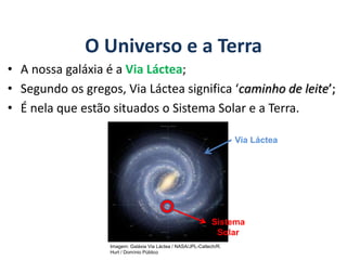 O Universo e a Terra
• A nossa galáxia é a Via Láctea;
• Segundo os gregos, Via Láctea significa ‘caminho de leite’;
• É nela que estão situados o Sistema Solar e a Terra.
GEOGRAFIA, 6º Ano
Planeta Terra: nave em que viajamos
Via Láctea
Sistema
Solar
Imagem: Galáxia Via Láctea / NASA/JPL-Caltech/R.
Hurt / Domínio Público
do Ensino Fundamental
 