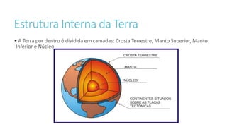 Estrutura Interna da Terra
 A Terra por dentro é dividida em camadas: Crosta Terrestre, Manto Superior, Manto
Inferior e Núcleo
 