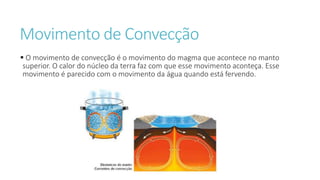 Movimento de Convecção
 O movimento de convecção é o movimento do magma que acontece no manto
superior. O calor do núcleo da terra faz com que esse movimento aconteça. Esse
movimento é parecido com o movimento da água quando está fervendo.
 