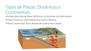 Tipos de Placas: Oceânicas e
Continentais
 Existem dois tipos de Placas Tectônicas: as Oceânicas e as Continentais.
 Placas Oceânicas: ficam debaixo dos mares e Oceanos
 Placas Continentais: ficam debaixo dos continentes e países.
 