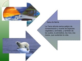 Salva  la tierra  La Tierra afronta serios peligro de contaminación y muerte de especies vegetales y animales, y también de los suelos, la atmósfera, los ríos y los mares, que sustentan la vida. 