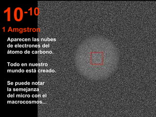Aparecen las nubes de electrones del átomo de carbono.  Todo en nuestro mundo está creado.  Se puede notar  la semejanza  del micro con el macrocosmos... 10 -10 1 Amgstron 