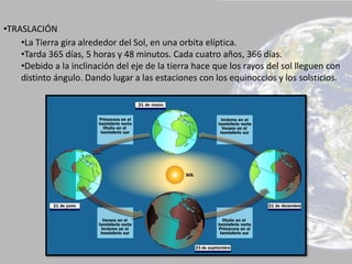 •TRASLACIÓN
•La Tierra gira alrededor del Sol, en una orbita elíptica.
•Tarda 365 días, 5 horas y 48 minutos. Cada cuatro años, 366 días.
•Debido a la inclinación del eje de la tierra hace que los rayos del sol lleguen con
distinto ángulo. Dando lugar a las estaciones con los equinoccios y los solsticios.
 