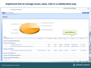 Implement lists to manage issues, tasks, risks in a collaborative wayIssue Follow-up
