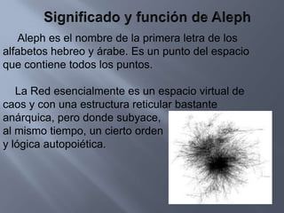 Significado y función de Aleph    Aleph es el nombre de la primera letra de los alfabetos hebreo y árabe. Es un punto del espacio que contiene todos los puntos.    La Red esencialmente es un espacio virtual de caos y con una estructura reticular bastante anárquica, pero donde subyace, al mismo tiempo, un cierto orden y lógica autopoiética.
