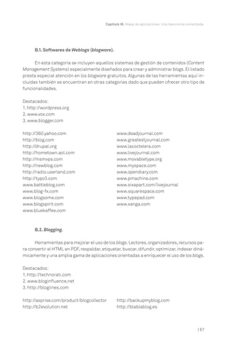 | 67
Capítulo III. Mapa de aplicaciones. Una taxonomía comentada.
B.1. Softwares de Weblogs (blogware).
En esta categoría se incluyen aquellos sistemas de gestión de contenidos (Content
Management Systems) especialmente diseñados para crear y administrar blogs.El listado
presta especial atención en los blogware gratuitos. Algunas de las herramientas aquí in-
cluidas también se encuentran en otras categorías dado que pueden ofrecer otro tipo de
funcionalidades.
Destacados:
1. http://wordpress.org
2. www.vox.com
3. www.blogger.com
http://360.yahoo.com
http://blog.com
http://drupal.org
http://hometown.aol.com
http://msmvps.com
http://newblog.com
http://radio.userland.com
http://typo3.com
www.battleblog.com
www.blog-fx.com
www.blogsome.com
www.blogspirit.com
www.bluekaffee.com
www.deadjournal.com
www.greatestjournal.com
www.lacoctelera.com
www.livejournal.com
www.movabletype.org
www.myspace.com
www.opendiary.com
www.pmachine.com
www.sixapart.com/livejournal
www.squarespace.com
www.typepad.com
www.xanga.com
B.2. Blogging.
Herramientas para mejorar el uso de los blogs.Lectores,organizadores,recursos pa-
ra convertir el HTML en PDF, respaldar, etiquetar, buscar, difundir, optimizar, indexar diná-
micamente y una amplia gama de aplicaciones orientadas a enriquecer el uso de los blogs.
Destacados:
1. http://technorati.com
2. www.bloginfluence.net
3. http://bloglines.com
http://asprise.com/product/blogcollector
http://b2evolution.net
http://backupmyblog.com
http://blablablog.es
 