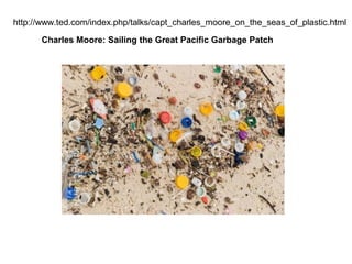 http://www.ted.com/index.php/talks/capt_charles_moore_on_the_seas_of_plastic.html

      Charles Moore: Sailing the Great Pacific Garbage Patch
 