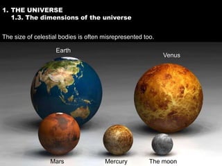 1. THE UNIVERSE
   1.3. The dimensions of the universe


The size of celestial bodies is often misrepresented too.

                    Earth
                                                            Venus




                  Mars                Mercury          The moon
 