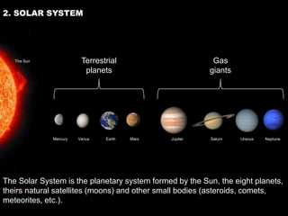 2. SOLAR SYSTEM




   The Sun              Terrestrial                       Gas
                         planets                         giants




             Mercury   Venus   Earth   Mars   Jupiter    Saturn   Uranus   Neptune




The Solar System is the planetary system formed by the Sun, the eight planets,
theirs natural satellites (moons) and other small bodies (asteroids, comets,
meteorites, etc.).
 