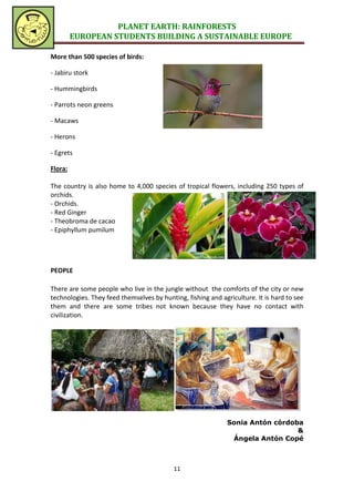 PLANET EARTH: RAINFORESTS
         EUROPEAN STUDENTS BUILDING A SUSTAINABLE EUROPE

More than 500 species of birds:

- Jabiru stork

- Hummingbirds

- Parrots neon greens

- Macaws

- Herons

- Egrets

Flora:

The country is also home to 4,000 species of tropical flowers, including 250 types of
orchids.
- Orchids.
- Red Ginger
- Theobroma de cacao
- Epiphyllum pumilum




PEOPLE

There are some people who live in the jungle without the comforts of the city or new
technologies. They feed themselves by hunting, fishing and agriculture. It is hard to see
them and there are some tribes not known because they have no contact with
civilization.




                                                              Sonia Antón córdoba
                                                                                &
                                                               Ángela Antón Copé



                                           11
 