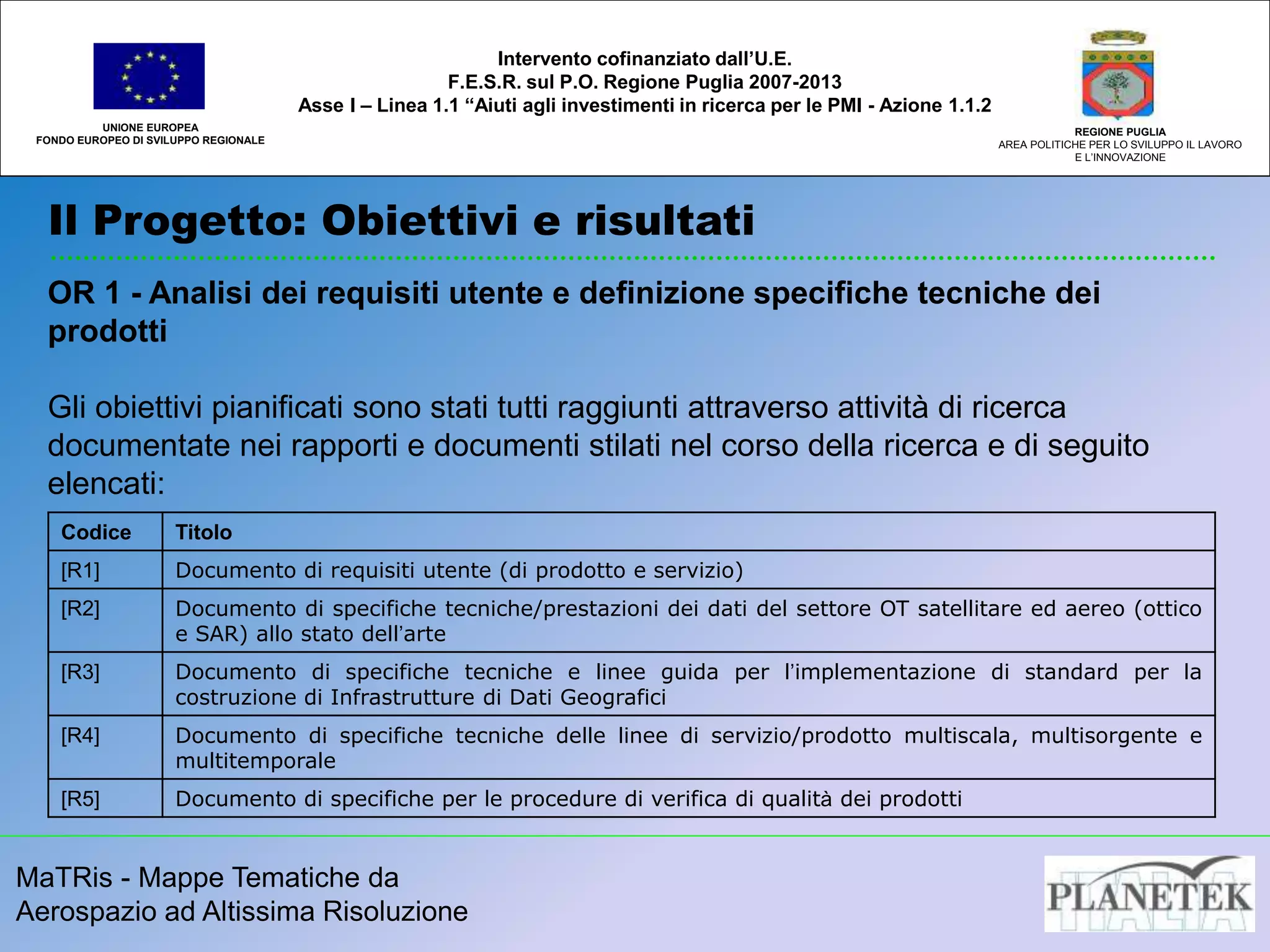 MaTRis - Mappe Tematiche da
Aerospazio ad Altissima Risoluzione
Il Progetto: Obiettivi e risultati
UNIONE EUROPEA
FONDO EUROPEO DI SVILUPPO REGIONALE
REGIONE PUGLIA
AREA POLITICHE PER LO SVILUPPO IL LAVORO
E L’INNOVAZIONE
Intervento cofinanziato dall’U.E.
F.E.S.R. sul P.O. Regione Puglia 2007-2013
Asse I – Linea 1.1 “Aiuti agli investimenti in ricerca per le PMI - Azione 1.1.2
OR 1 - Analisi dei requisiti utente e definizione specifiche tecniche dei
prodotti
Gli obiettivi pianificati sono stati tutti raggiunti attraverso attività di ricerca
documentate nei rapporti e documenti stilati nel corso della ricerca e di seguito
elencati:
Codice Titolo
[R1] Documento di requisiti utente (di prodotto e servizio)
[R2] Documento di specifiche tecniche/prestazioni dei dati del settore OT satellitare ed aereo (ottico
e SAR) allo stato dell’arte
[R3] Documento di specifiche tecniche e linee guida per l’implementazione di standard per la
costruzione di Infrastrutture di Dati Geografici
[R4] Documento di specifiche tecniche delle linee di servizio/prodotto multiscala, multisorgente e
multitemporale
[R5] Documento di specifiche per le procedure di verifica di qualità dei prodotti
 