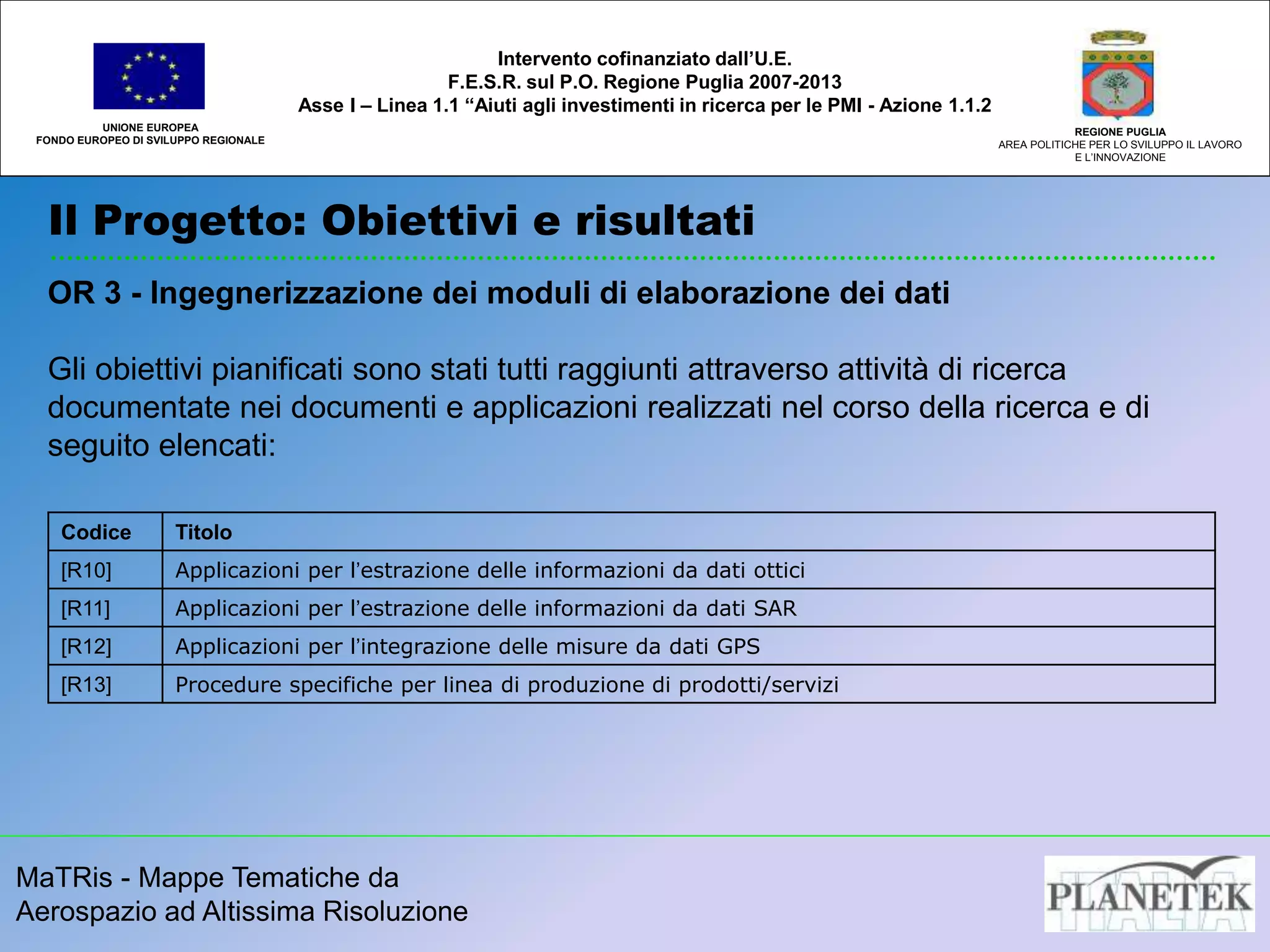 MaTRis - Mappe Tematiche da
Aerospazio ad Altissima Risoluzione
Il Progetto: Obiettivi e risultati
UNIONE EUROPEA
FONDO EUROPEO DI SVILUPPO REGIONALE
REGIONE PUGLIA
AREA POLITICHE PER LO SVILUPPO IL LAVORO
E L’INNOVAZIONE
Intervento cofinanziato dall’U.E.
F.E.S.R. sul P.O. Regione Puglia 2007-2013
Asse I – Linea 1.1 “Aiuti agli investimenti in ricerca per le PMI - Azione 1.1.2
OR 3 - Ingegnerizzazione dei moduli di elaborazione dei dati
Gli obiettivi pianificati sono stati tutti raggiunti attraverso attività di ricerca
documentate nei documenti e applicazioni realizzati nel corso della ricerca e di
seguito elencati:
Codice Titolo
[R10] Applicazioni per l’estrazione delle informazioni da dati ottici
[R11] Applicazioni per l’estrazione delle informazioni da dati SAR
[R12] Applicazioni per l’integrazione delle misure da dati GPS
[R13] Procedure specifiche per linea di produzione di prodotti/servizi
 