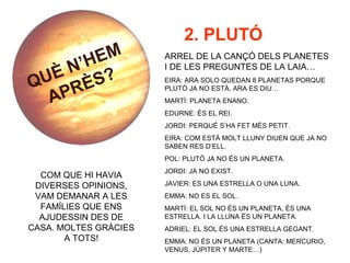 QUÈ N’HEM
APRÈS?
2. PLUTÓ
ARREL DE LA CANÇÓ DELS PLANETES
I DE LES PREGUNTES DE LA LAIA…
EIRA: ARA SOLO QUEDAN 8 PLANETAS PORQUE
PLUTÓ JA NO ESTÀ, ARA ES DIU…
MARTÍ: PLANETA ENANO.
EDURNE: ÉS EL REI.
JORDI: PERQUÈ S’HA FET MÉS PETIT.
EIRA: COM ESTÀ MOLT LLUNY DIUEN QUE JA NO
SABEN RES D’ELL.
POL: PLUTÓ JA NO ÉS UN PLANETA.
JORDI: JA NO EXIST.
JAVIER: ES UNA ESTRELLA O UNA LUNA.
EMMA: NO ES EL SOL.
MARTÍ: EL SOL NO ÉS UN PLANETA, ÉS UNA
ESTRELLA. I LA LLUNA ÉS UN PLANETA.
ADRIEL: EL SOL ÉS UNA ESTRELLA GEGANT.
EMMA: NO ÉS UN PLANETA (CANTA: MERCURIO,
VENUS, JÚPITER Y MARTE…)
COM QUE HI HAVIA
DIVERSES OPINIONS,
VAM DEMANAR A LES
FAMÍLIES QUE ENS
AJUDESSIN DES DE
CASA. MOLTES GRÀCIES
A TOTS!
 