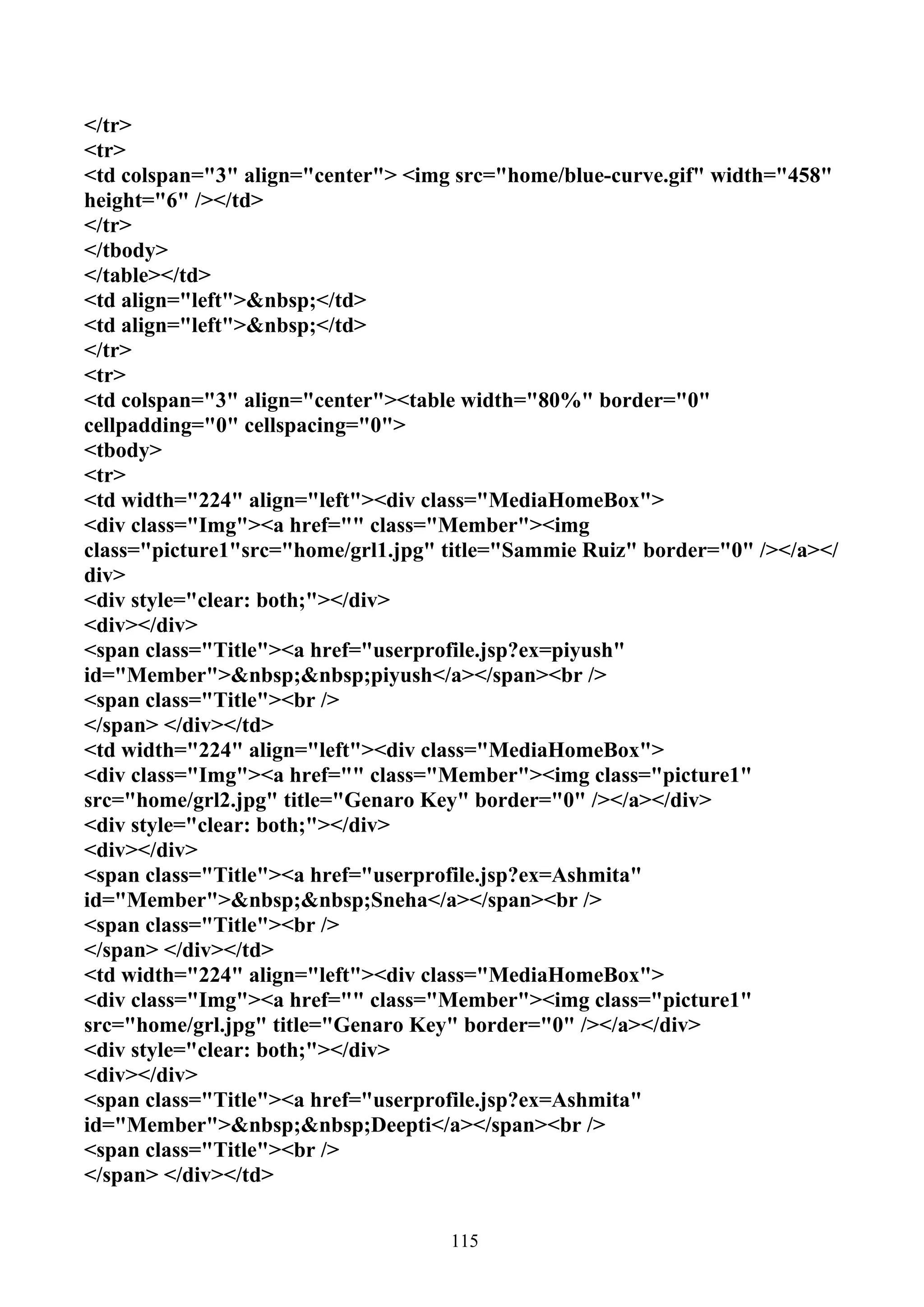 </tr>
<tr>
<td colspan="3" align="center"> <img src="home/blue-curve.gif" width="458"
height="6" /></td>
</tr>
</tbody>
</table></td>
<td align="left">&nbsp;</td>
<td align="left">&nbsp;</td>
</tr>
<tr>
<td colspan="3" align="center"><table width="80%" border="0"
cellpadding="0" cellspacing="0">
<tbody>
<tr>
<td width="224" align="left"><div class="MediaHomeBox">
<div class="Img"><a href="" class="Member"><img
class="picture1"src="home/grl1.jpg" title="Sammie Ruiz" border="0" /></a></
div>
<div style="clear: both;"></div>
<div></div>
<span class="Title"><a href="userprofile.jsp?ex=piyush"
id="Member">&nbsp;&nbsp;piyush</a></span><br />
<span class="Title"><br />
</span> </div></td>
<td width="224" align="left"><div class="MediaHomeBox">
<div class="Img"><a href="" class="Member"><img class="picture1"
src="home/grl2.jpg" title="Genaro Key" border="0" /></a></div>
<div style="clear: both;"></div>
<div></div>
<span class="Title"><a href="userprofile.jsp?ex=Ashmita"
id="Member">&nbsp;&nbsp;Sneha</a></span><br />
<span class="Title"><br />
</span> </div></td>
<td width="224" align="left"><div class="MediaHomeBox">
<div class="Img"><a href="" class="Member"><img class="picture1"
src="home/grl.jpg" title="Genaro Key" border="0" /></a></div>
<div style="clear: both;"></div>
<div></div>
<span class="Title"><a href="userprofile.jsp?ex=Ashmita"
id="Member">&nbsp;&nbsp;Deepti</a></span><br />
<span class="Title"><br />
</span> </div></td>


                                    115
 