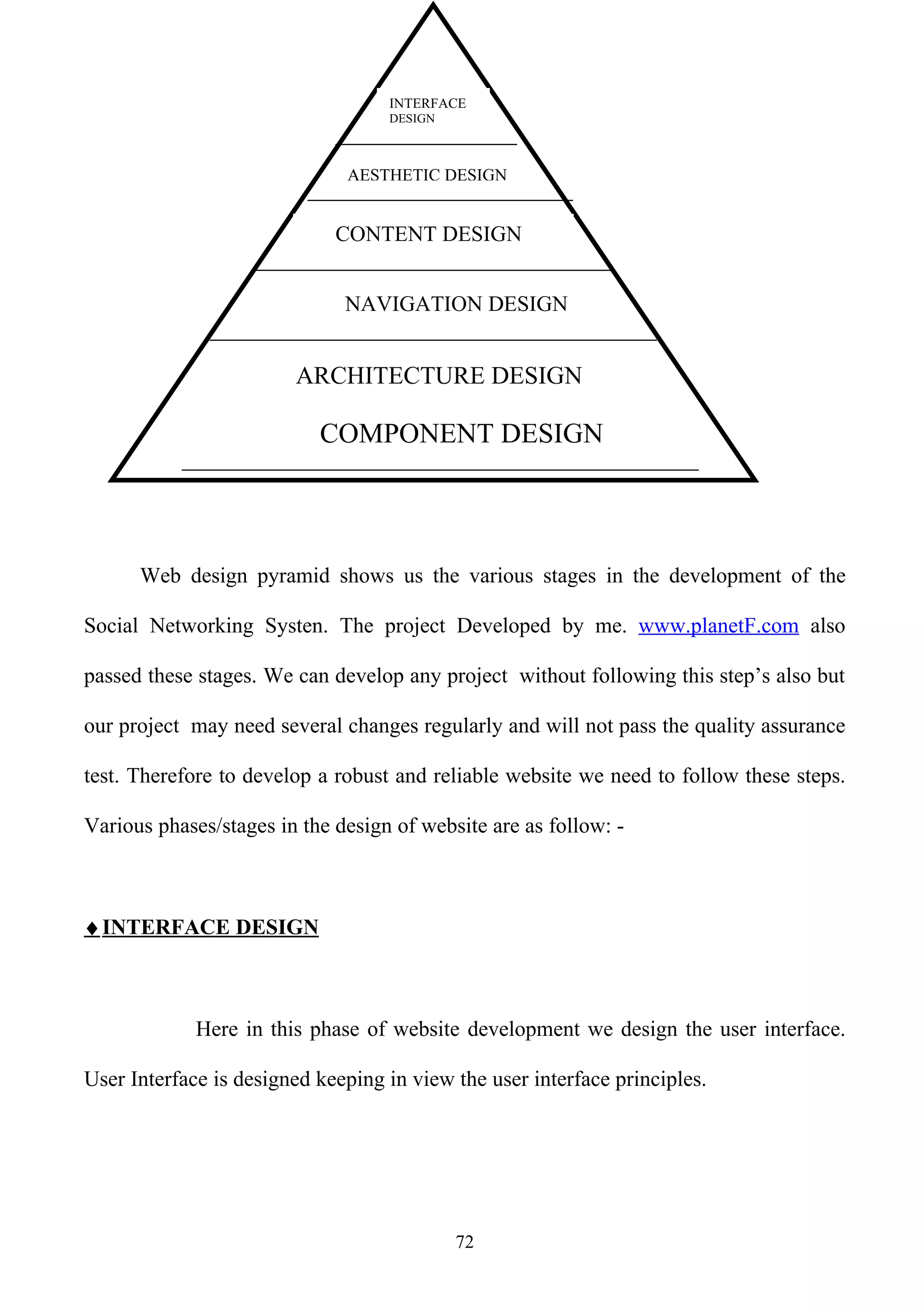 INTERFACE
                                   DESIGN



                              AESTHETIC DESIGN


                             CONTENT DESIGN


                              NAVIGATION DESIGN


                        ARCHITECTURE DESIGN

                           COMPONENT DESIGN




      Web design pyramid shows us the various stages in the development of the

Social Networking Systen. The project Developed by me. www.planetF.com also

passed these stages. We can develop any project without following this step’s also but

our project may need several changes regularly and will not pass the quality assurance

test. Therefore to develop a robust and reliable website we need to follow these steps.

Various phases/stages in the design of website are as follow: -



♦ INTERFACE DESIGN



             Here in this phase of website development we design the user interface.

User Interface is designed keeping in view the user interface principles.




                                            72
 