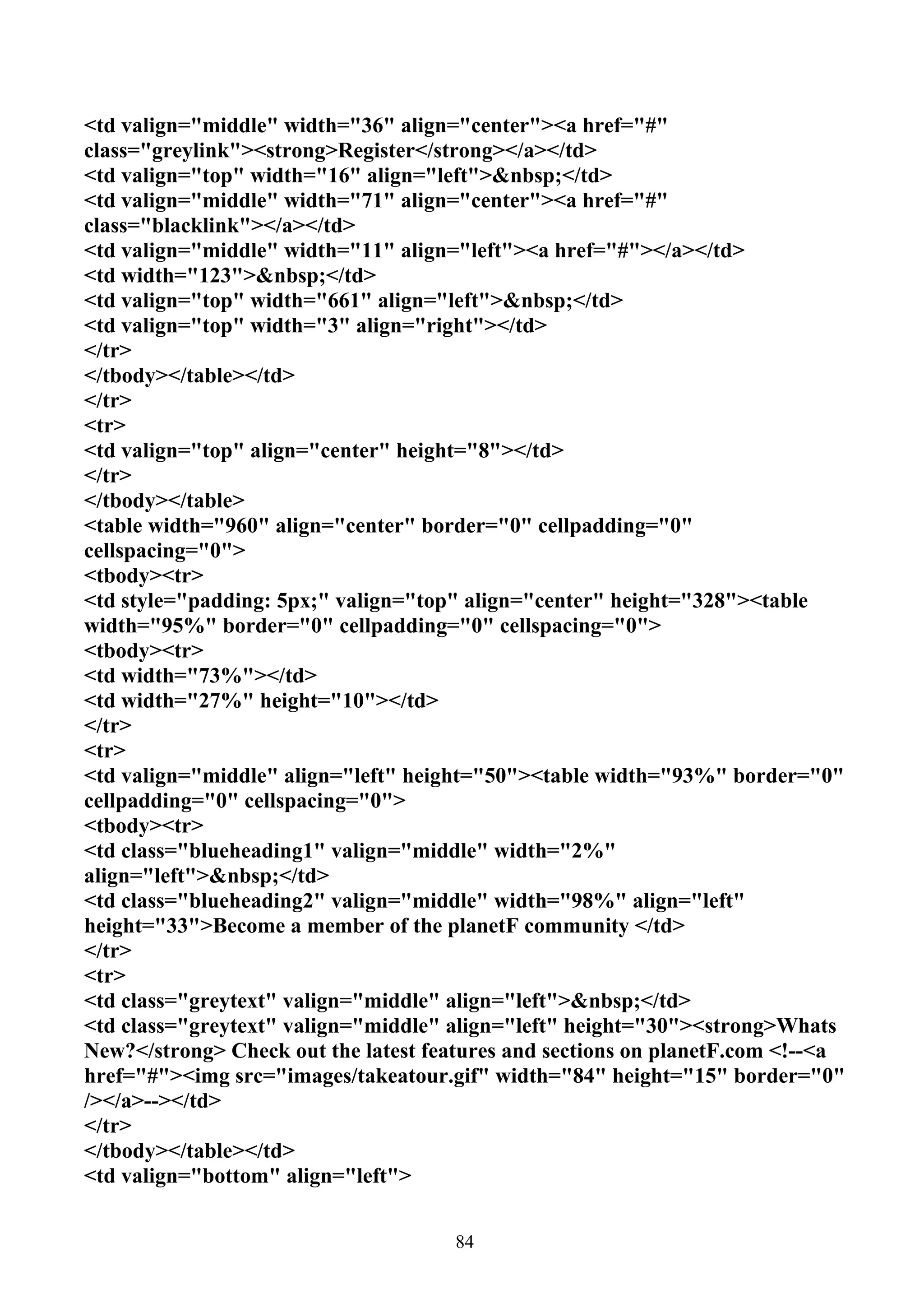 <td valign="middle" width="36" align="center"><a href="#"
class="greylink"><strong>Register</strong></a></td>
<td valign="top" width="16" align="left">&nbsp;</td>
<td valign="middle" width="71" align="center"><a href="#"
class="blacklink"></a></td>
<td valign="middle" width="11" align="left"><a href="#"></a></td>
<td width="123">&nbsp;</td>
<td valign="top" width="661" align="left">&nbsp;</td>
<td valign="top" width="3" align="right"></td>
</tr>
</tbody></table></td>
</tr>
<tr>
<td valign="top" align="center" height="8"></td>
</tr>
</tbody></table>
<table width="960" align="center" border="0" cellpadding="0"
cellspacing="0">
<tbody><tr>
<td style="padding: 5px;" valign="top" align="center" height="328"><table
width="95%" border="0" cellpadding="0" cellspacing="0">
<tbody><tr>
<td width="73%"></td>
<td width="27%" height="10"></td>
</tr>
<tr>
<td valign="middle" align="left" height="50"><table width="93%" border="0"
cellpadding="0" cellspacing="0">
<tbody><tr>
<td class="blueheading1" valign="middle" width="2%"
align="left">&nbsp;</td>
<td class="blueheading2" valign="middle" width="98%" align="left"
height="33">Become a member of the planetF community </td>
</tr>
<tr>
<td class="greytext" valign="middle" align="left">&nbsp;</td>
<td class="greytext" valign="middle" align="left" height="30"><strong>Whats
New?</strong> Check out the latest features and sections on planetF.com <!--<a
href="#"><img src="images/takeatour.gif" width="84" height="15" border="0"
/></a>--></td>
</tr>
</tbody></table></td>
<td valign="bottom" align="left">


                                      84
 