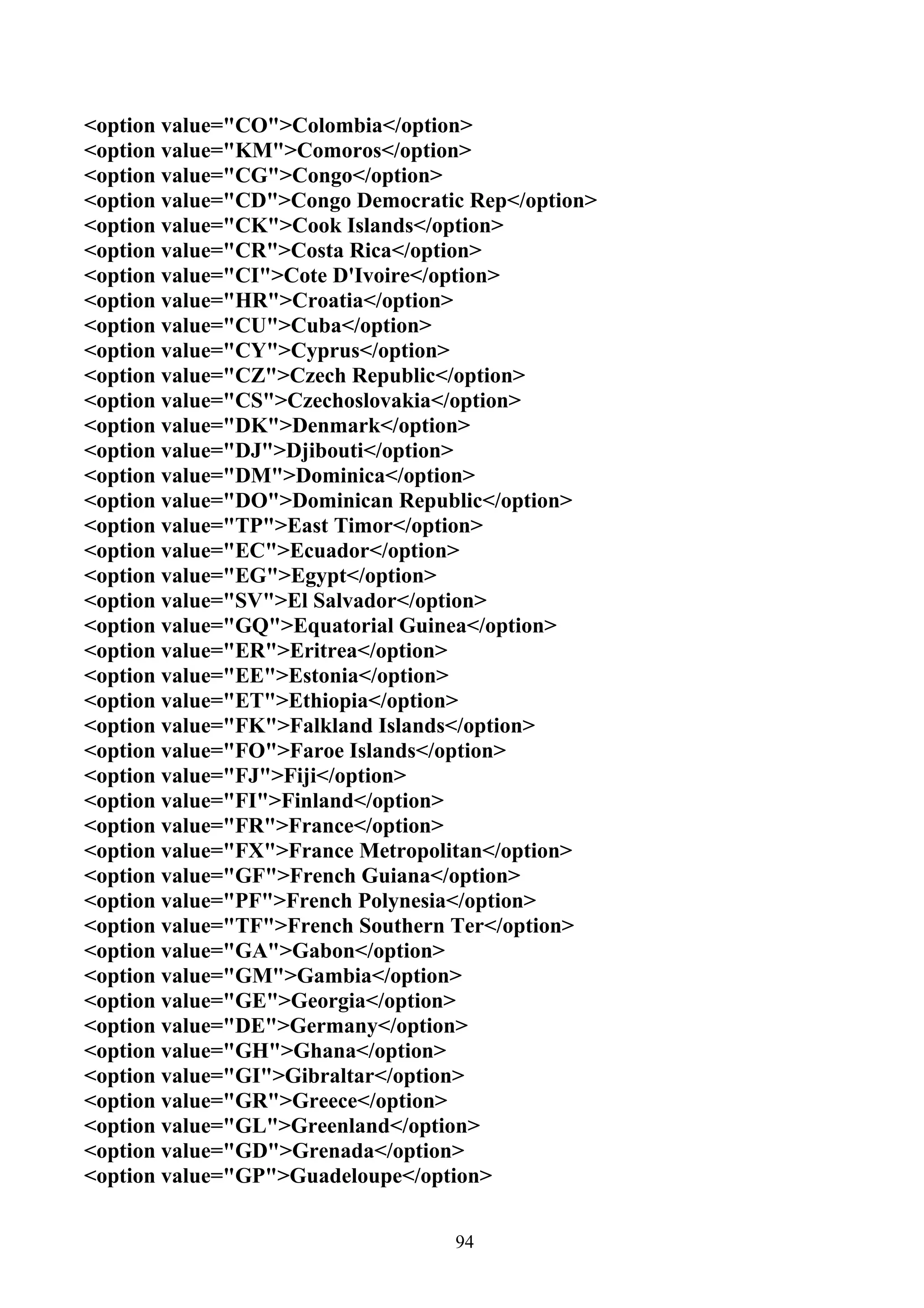 <option value="CO">Colombia</option>
<option value="KM">Comoros</option>
<option value="CG">Congo</option>
<option value="CD">Congo Democratic Rep</option>
<option value="CK">Cook Islands</option>
<option value="CR">Costa Rica</option>
<option value="CI">Cote D'Ivoire</option>
<option value="HR">Croatia</option>
<option value="CU">Cuba</option>
<option value="CY">Cyprus</option>
<option value="CZ">Czech Republic</option>
<option value="CS">Czechoslovakia</option>
<option value="DK">Denmark</option>
<option value="DJ">Djibouti</option>
<option value="DM">Dominica</option>
<option value="DO">Dominican Republic</option>
<option value="TP">East Timor</option>
<option value="EC">Ecuador</option>
<option value="EG">Egypt</option>
<option value="SV">El Salvador</option>
<option value="GQ">Equatorial Guinea</option>
<option value="ER">Eritrea</option>
<option value="EE">Estonia</option>
<option value="ET">Ethiopia</option>
<option value="FK">Falkland Islands</option>
<option value="FO">Faroe Islands</option>
<option value="FJ">Fiji</option>
<option value="FI">Finland</option>
<option value="FR">France</option>
<option value="FX">France Metropolitan</option>
<option value="GF">French Guiana</option>
<option value="PF">French Polynesia</option>
<option value="TF">French Southern Ter</option>
<option value="GA">Gabon</option>
<option value="GM">Gambia</option>
<option value="GE">Georgia</option>
<option value="DE">Germany</option>
<option value="GH">Ghana</option>
<option value="GI">Gibraltar</option>
<option value="GR">Greece</option>
<option value="GL">Greenland</option>
<option value="GD">Grenada</option>
<option value="GP">Guadeloupe</option>


                                  94
 