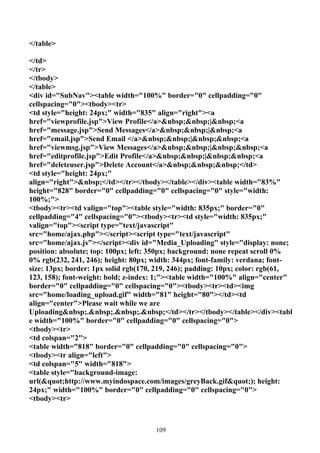 </table>

</td>
</tr>
</tbody>
</table>
<div id="SubNav"><table width="100%" border="0" cellpadding="0"
cellspacing="0"><tbody><tr>
<td style="height: 24px;" width="835" align="right"><a
href="viewprofile.jsp">View Profile</a>&nbsp;&nbsp;|&nbsp;<a
href="message.jsp">Send Messages</a>&nbsp;&nbsp;|&nbsp;<a
href="email.jsp">Send Email </a>&nbsp;&nbsp;|&nbsp;&nbsp;<a
href="viewmsg.jsp">View Messages</a>&nbsp;&nbsp;|&nbsp;&nbsp;<a
href="editprofile.jsp">Edit Profile</a>&nbsp;&nbsp;|&nbsp;&nbsp;<a
href="deleteuser.jsp">Delete Account</a>&nbsp;&nbsp;&nbsp;</td>
<td style="height: 24px;"
align="right">&nbsp;</td></tr></tbody></table></div><table width="83%"
height="828" border="0" cellpadding="0" cellspacing="0" style="width:
100%;">
<tbody><tr><td valign="top"><table style="width: 835px;" border="0"
cellpadding="4" cellspacing="0"><tbody><tr><td style="width: 835px;"
valign="top"><script type="text/javascript"
src="home/ajax.php"></script><script type="text/javascript"
src="home/ajax.js"></script><div id="Media_Uploading" style="display: none;
position: absolute; top: 100px; left: 350px; background: none repeat scroll 0%
0% rgb(232, 241, 246); height: 80px; width: 344px; font-family: verdana; font-
size: 13px; border: 1px solid rgb(170, 219, 246); padding: 10px; color: rgb(61,
123, 158); font-weight: bold; z-index: 1;"><table width="100%" align="center"
border="0" cellpadding="0" cellspacing="0"><tbody><tr><td><img
src="home/loading_upload.gif" width="81" height="80"></td><td
align="center">Please wait while we are
Uploading&nbsp;.&nbsp;.&nbsp;.&nbsp;</td></tr></tbody></table></div><tabl
e width="100%" border="0" cellpadding="0" cellspacing="0">
<tbody><tr>
<td colspan="2">
<table width="818" border="0" cellpadding="0" cellspacing="0">
<tbody><tr align="left">
<td colspan="5" width="818">
<table style="background-image:
url("http://www.myindospace.com/images/greyBack.gif"); height:
24px;" width="100%" border="0" cellpadding="0" cellspacing="0">
<tbody><tr>



                                      109
 