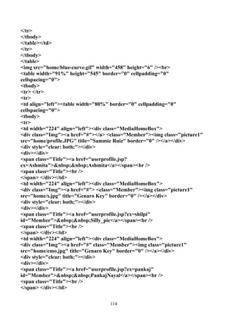 </tr>
</tbody>
</table></td>
</tr>
</tbody>
</table>
<img src="home/blue-curve.gif" width="458" height="6" /><br>
<table width="91%" height="545" border="0" cellpadding="0"
cellspacing="0">
<tbody>
<tr> </tr>
<tr>
<td align="left"><table width="80%" border="0" cellpadding="0"
cellspacing="0">
<tbody>
<tr>
<td width="224" align="left"><div class="MediaHomeBox">
<div class="Img"><a href="#"></a> <class="Member"><img class="picture1"
src="home/profile.JPG" title="Sammie Ruiz" border="0" /></a></div>
<div style="clear: both;"></div>
<div></div>
<span class="Title"><a href="userprofile.jsp?
ex=Ashmita">&nbsp;&nbsp;Ashmita</a></span><br />
<span class="Title"><br />
</span> </div></td>
<td width="224" align="left"><div class="MediaHomeBox">
<div class="Img"><a href="#"> <class="Member"><img class="picture1"
src="home/s.jpg" title="Genaro Key" border="0" /></a></div>
<div style="clear: both;"></div>
<div></div>
<span class="Title"><a href="userprofile.jsp?ex=shilpi"
id="Member">&nbsp;&nbsp;Silly_pie</a></span><br />
<span class="Title"><br />
</span> </div></td>
<td width="224" align="left"><div class="MediaHomeBox">
<div class="Img"><a href="#" class="Member"><img class="picture1"
src="home/emo.jpg" title="Genaro Key" border="0" /></a></div>
<div style="clear: both;"></div>
<div></div>
<span class="Title"><a href="userprofile.jsp?ex=pankaj"
id="Member">&nbsp;&nbsp;PankajNayal</a></span><br />
<span class="Title"><br />
</span> </div></td>


                                  114
 