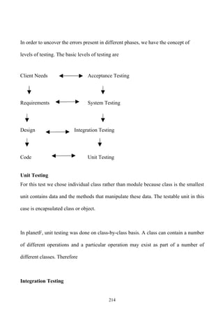 In order to uncover the errors present in different phases, we have the concept of

levels of testing. The basic levels of testing are



Client Needs                      Acceptance Testing




Requirements                      System Testing




Design                     Integration Testing




Code                              Unit Testing


Unit Testing
For this test we chose individual class rather than module because class is the smallest

unit contains data and the methods that manipulate these data. The testable unit in this

case is encapsulated class or object.



In planetF, unit testing was done on class-by-class basis. A class can contain a number

of different operations and a particular operation may exist as part of a number of

different classes. Therefore



Integration Testing


                                            214
 