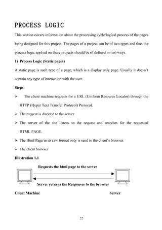 PROCESS LOGIC
This section covers information about the processing cycle/logical process of the pages

being designed for this project. The pages of a project can be of two types and thus the

process logic applied on these projects should be of defined in two ways.

1) Process Logic (Static pages)

A static page is such type of a page, which is a display only page. Usually it doesn’t

contain any type of interaction with the user.

Steps:

     The client machine requests for a URL (Uniform Resource Locator) through the

    HTTP (Hyper Text Transfer Protocol) Protocol.

 The request is directed to the server

 The server of the site listens to the request and searches for the requested

    HTML PAGE.

 The Html Page in its raw format only is send to the client’s browser.

 The client browser

Illustration 1.1

               Requests the html page to the server



               Server returns the Responses to the browser

Client Machine                                                Server




                                           22
 