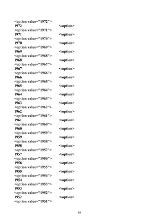 <option value="1972">
1972                    </option>
<option value="1971">
1971                    </option>
<option value="1970">
1970                    </option>
<option value="1969">
1969                    </option>
<option value="1968">
1968                    </option>
<option value="1967">
1967                    </option>
<option value="1966">
1966                    </option>
<option value="1965">
1965                    </option>
<option value="1964">
1964                    </option>
<option value="1963">
1963                    </option>
<option value="1962">
1962                    </option>
<option value="1961">
1961                    </option>
<option value="1960">
1960                    </option>
<option value="1959">
1959                    </option>
<option value="1958">
1958                    </option>
<option value="1957">
1957                    </option>
<option value="1956">
1956                    </option>
<option value="1955">
1955                    </option>
<option value="1954">
1954                    </option>
<option value="1953">
1953                    </option>
<option value="1952">
1952                    </option>
<option value="1951">


                                    89
 