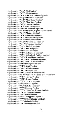 <option value="ML">Mali</option>
<option value="MT">Malta</option>
<option value="MH">Marshall Islands</option>
<option value="MQ">Martinique</option>
<option value="MR">Mauritania</option>
<option value="MU">Mauritius</option>
<option value="YT">Mayotte</option>
<option value="MX">Mexico</option>
<option value="FM">Micronesia</option>
<option value="MD">Moldova, Republic Of</option>
<option value="MC">Monaco</option>
<option value="MN">Mongolia</option>
<option value="MS">Montserrat</option>
<option value="MA">Morocco</option>
<option value="MZ">Mozambique</option>
<option value="MM">Myanmar</option>
<option value="NA">Namibia</option>
<option value="NR">Nauru</option>
<option value="NP">Nepal</option>
<option value="NL">Netherlands</option>
<option value="AN">Netherlands Antilles</option>
<option value="NT">Neutral Zone</option>
<option value="NC">New Caledonia</option>
<option value="NZ">New Zealand</option>
<option value="NI">Nicaragua</option>
<option value="NE">Niger</option>
<option value="NG">Nigeria</option>
<option value="NU">Niue</option>
<option value="NF">Norfolk Island</option>
<option value="MP">Northern Mariana Islands</option>
<option value="NO">Norway</option>
<option value="OM">Oman</option>
<option value="PK">Pakistan</option>
<option value="PW">Palau</option>
<option value="PS">Palestine</option>
<option value="PA">Panama</option>
<option value="PG">Papua New Guinea</option>
<option value="PY">Paraguay</option>
<option value="PE">Peru</option>
<option value="PH">Philippines</option>
<option value="PN">Pitcairn Island</option>
<option value="PL">Poland</option>
<option value="PT">Portugal</option>


                                   96
 