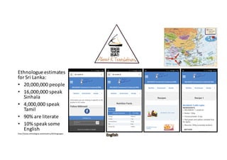 Ethnologue	estimates	
for	Sri	Lanka:
• 20,000,000	people
• 16,000,000	speak	
Sinhala
• 4,000,000	speak	
Tamil
• 90%	are	literate
• 10%	speak	some	
English
http://www.ethnologue.com/country/LK/languages
 