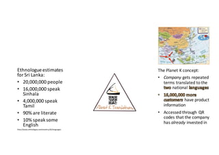 Ethnologue	estimates	
for	Sri	Lanka:
• 20,000,000	people
• 16,000,000	speak	
Sinhala
• 4,000,000	speak	
Tamil
• 90%	are	literate
• 10%	speak	some	
English
http://www.ethnologue.com/country/LK/languages
The	Planet	K	concept:
• Company gets	repeated	
terms	translated	to	the	
national	
have	product	
information
• Accessed	through	 QR	
codes	that	the	company	
has	already invested	in
 