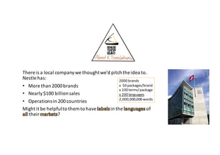 There	is	a	local	company	we	thought	we’d	pitch	the	idea	to.	
Nestle	has:
• More	than	2000	brands
• Nearly	$100	billion	sales
• Operations	in	200	countries
Might	it	be	helpful	to	them	to	have	 in	the	 of	
their	 ?
2000	brands
x		50	packages/brand
x	100	terms/	package
x	200	languages
2,000,000,000	words
 