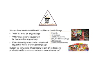 We	can	show	Nestle	how	Planet	K	could	ease	the	challenge
• “Milk”	is	“milk”	on	any	package
• “Milk”	in	another	language	will
be	that	word	on	any	package
• 5000	repeating	terms	can	be	condensed
to	just	five	weeks	of	work	per	language
But	can	we	convince	a	BIG	company to	put	QR	codes	on	its	
products	to	offer	low-income	market customers more	information?
All	brands
x	all	packages
x	5,000	unique	terms	
(@25/hr=	200	hours/lang)
x	200	languages
1,000,000	reusableterms
 