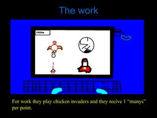 The work For work they play chicken invaders and they recive 1 “munys” per point. 