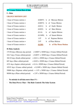 IN THE ALMIGHTY GOD NAME
Through the Mother of God mediation
I do this research
Gerges Francis Tawadrous/
2nd
Course student – physics Faculty – People's Friendship University – Moscow –Russia..
mrwaheid1@yahoo.com mrwaheid@gmail.com +201022532292
25
4-7 Uranus Motion Rate of time
I – Data
URANUS MOTION LIST
1 hour of Uranus motion = (0.0057) h of Mercury Motion
1 hour of Uranus motion = (0.0073) h of Venus Motion
1 hour of Uranus motion = (0.011) h of Earth Motion
1 hour of Uranus motion = (0.022) h of Mars Motion
1 hour of Uranus motion = (0.14) h of Jupiter Motion
1 hour of Uranus motion = (0.3499) h of Saturn Motion
1 hour of Uranus motion = 1.97 h of Neptune Motion
1 hour of Uranus motion = 2.97 h of Pluto Motion
1 hour of Uranus motion = (0.349) h of The Moon Motion
II–Data Analysis
175.94 days (Mercury day period) = 0.0057 x 30589 days ( Uranus Orbital Period)
224.7 days (Venus orbital period) = 0.0073 x 30589 days ( Uranus Orbital Period)
365.25 days (Earth orbital period = 0.011 x 30589 days ( Uranus Orbital Period)
687 days (Mars orbital period) = 0.022 x 30589 days ( Uranus Orbital Period)
4331 days (Jupiter orbital period) = 0.14 x 30589 days ( Uranus Orbital Period)
10747 days (Uranus orbital period) = 0.3499 x 30589 days (Saturn Orbital Period)
59800 days (Neptune orbital period) = 1.97 x 30589 days ( Uranus Orbital Period)
90560 days (Pluto orbital period) = 2.97 x 30589 days ( Uranus Orbital Period)
- No mistake in all data more than 1% -
- The Data Proves That – The Rule Controls The Solar System
 