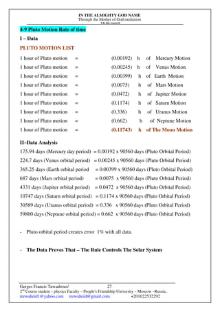IN THE ALMIGHTY GOD NAME
Through the Mother of God mediation
I do this research
Gerges Francis Tawadrous/
2nd
Course student – physics Faculty – People's Friendship University – Moscow –Russia..
mrwaheid1@yahoo.com mrwaheid@gmail.com +201022532292
27
4-9 Pluto Motion Rate of time
I – Data
PLUTO MOTION LIST
1 hour of Pluto motion = (0.00192) h of Mercury Motion
1 hour of Pluto motion = (0.00245) h of Venus Motion
1 hour of Pluto motion = (0.00399) h of Earth Motion
1 hour of Pluto motion = (0.0075) h of Mars Motion
1 hour of Pluto motion = (0.0472) h of Jupiter Motion
1 hour of Pluto motion = (0.1174) h of Saturn Motion
1 hour of Pluto motion = (0.336) h of Uranus Motion
1 hour of Pluto motion = (0.662) h of Neptune Motion
1 hour of Pluto motion = (0.11743) h of The Moon Motion
II–Data Analysis
175.94 days (Mercury day period) = 0.00192 x 90560 days (Pluto Orbital Period)
224.7 days (Venus orbital period) = 0.00245 x 90560 days (Pluto Orbital Period)
365.25 days (Earth orbital period = 0.00399 x 90560 days (Pluto Orbital Period)
687 days (Mars orbital period) = 0.0075 x 90560 days (Pluto Orbital Period)
4331 days (Jupiter orbital period) = 0.0472 x 90560 days (Pluto Orbital Period)
10747 days (Saturn orbital period) = 0.1174 x 90560 days (Pluto Orbital Period)
30589 days (Uranus orbital period) = 0.336 x 90560 days (Pluto Orbital Period)
59800 days (Neptune orbital period) = 0.662 x 90560 days (Pluto Orbital Period)
- Pluto orbital period creates error 1% with all data.
- The Data Proves That – The Rule Controls The Solar System
 